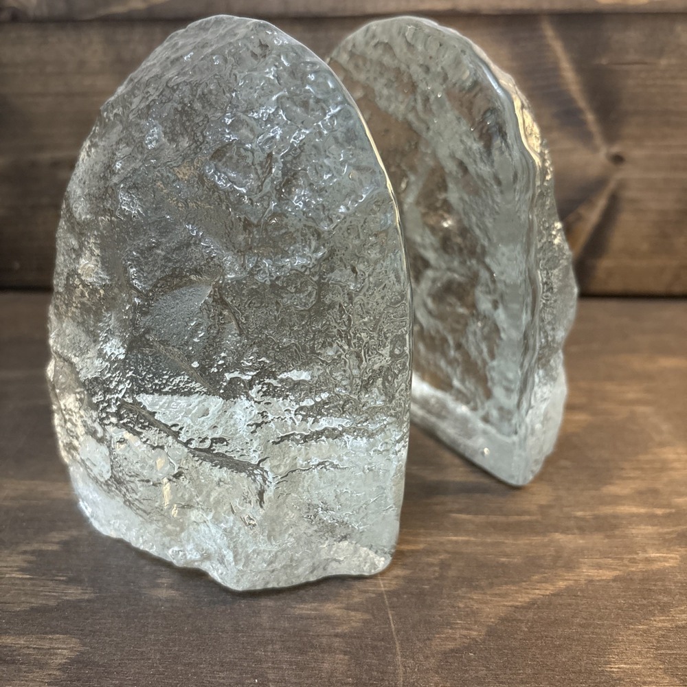 Pair Vintage #741 Blenko Art Glass Glacier/Ice Blue Crystal Clear Bookends Heavy